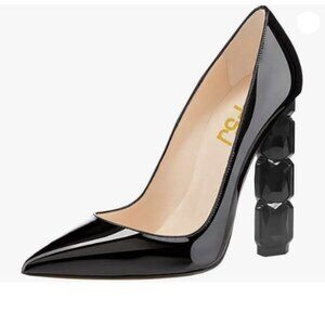 FSJ Women Jeweled High Heel Pointed Toe Pump ,Sparkling Crystal Bead Heel Black